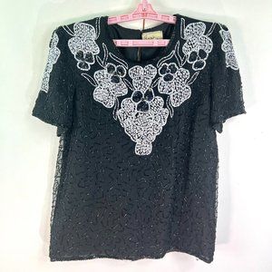 Vintage Exotica Silk BOO Ghost Top Blouse Womens Size Small Black White Sequin